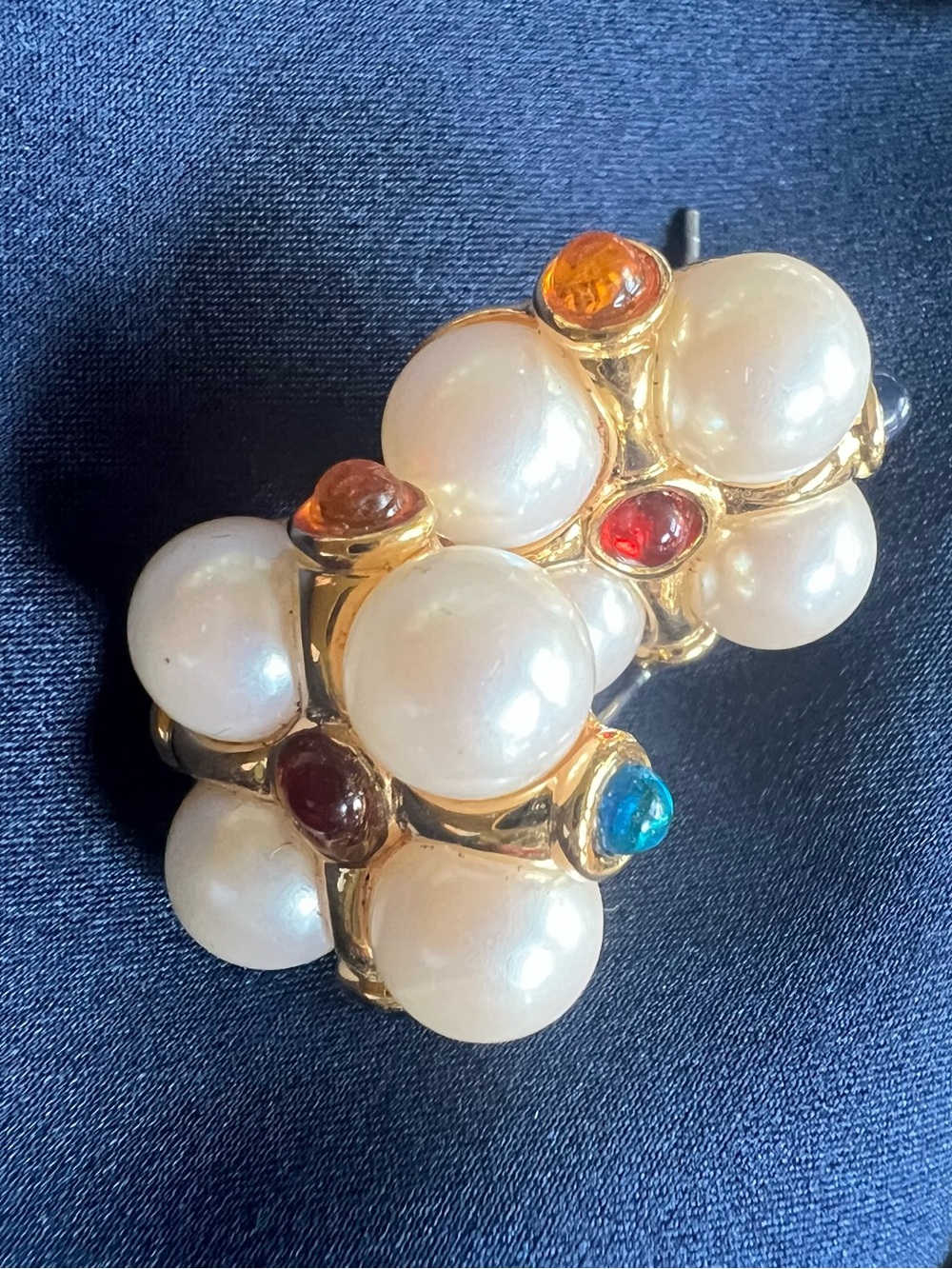 Gold Pearl Cluster Clip-On Earrings with Multicolor Gem Accents